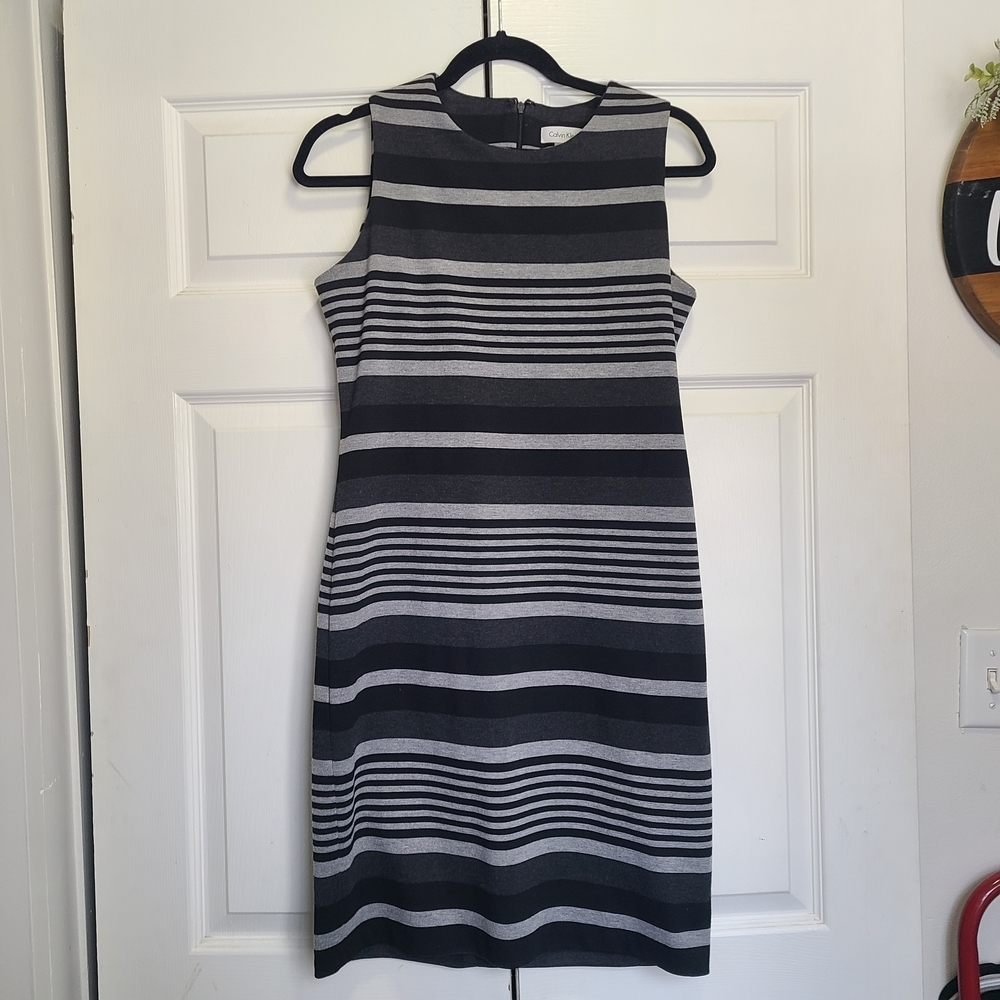 Calvin Klein Black and Gray Striped‎ Midi Dress 8